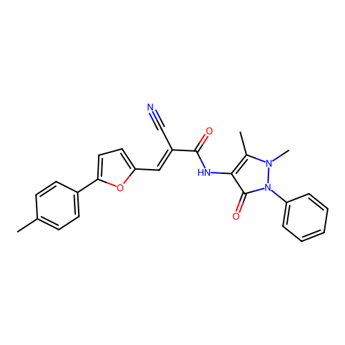 (2E)-2-cyano-N-(1,5-dimethyl-3-oxo-2-phenyl-2,3-dihydro-1H-pyrazol-4-yl)-3-[5-(4-methylphenyl)furan-2-yl]prop-2-enamide structure