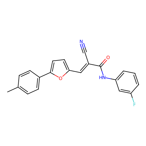 (E)-2-cyano-N-(3-fluorophenyl)-3-(5-(p-tolyl)furan-2-yl)acrylamide structure