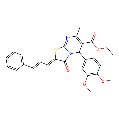 ethyl 2-((2E)-3-phenylprop-2-enylidene)-5-(3,4-dimethoxyphenyl)-7-methyl-3-oxo-4,5-dihydro-1,3-thiazolidino[3,2-a]pyrimidine-6-carboxylate structure
