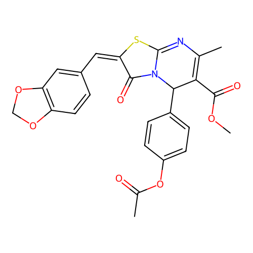 methyl (2E)-5-[4-(acetyloxy)phenyl]-2-(1,3-benzodioxol-5-ylmethylidene)-7-methyl-3-oxo-2,3-dihydro-5H-[1,3]thiazolo[3,2-a]pyrimidine-6-carboxylate structure