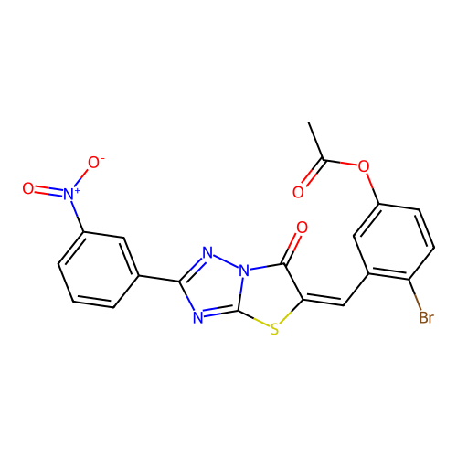 (E)-4-bromo-3-((2-(3-nitrophenyl)-6-oxothiazolo[3,2-b][1,2,4]triazol-5(6H)-ylidene)methyl)phenyl acetate structure