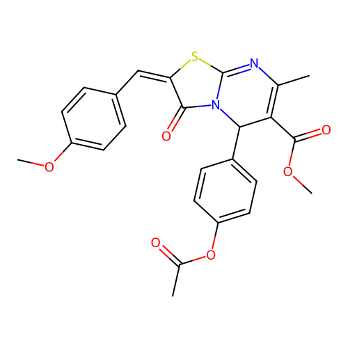 (E)-methyl 5-(4-acetoxyphenyl)-2-(4-methoxybenzylidene)-7-methyl-3-oxo-3,5-dihydro-2H-thiazolo[3,2-a]pyrimidine-6-carboxylate structure