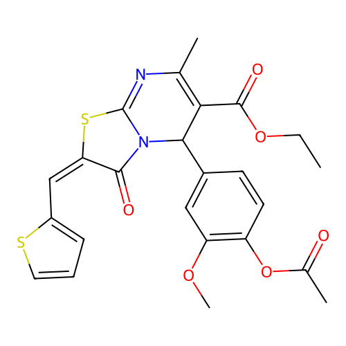 (E)-ethyl 5-(4-acetoxy-3-methoxyphenyl)-7-methyl-3-oxo-2-(thiophen-2-ylmethylene)-3,5-dihydro-2H-thiazolo[3,2-a]pyrimidine-6-carboxylate structure
