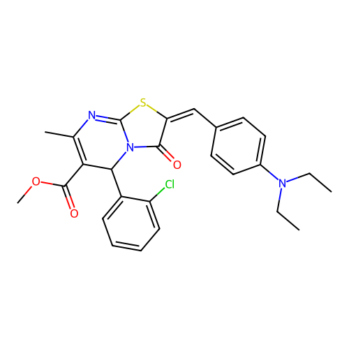 (E)-methyl 5-(2-chlorophenyl)-2-(4-(diethylamino)benzylidene)-7-methyl-3-oxo-3,5-dihydro-2H-thiazolo[3,2-a]pyrimidine-6-carboxylate structure