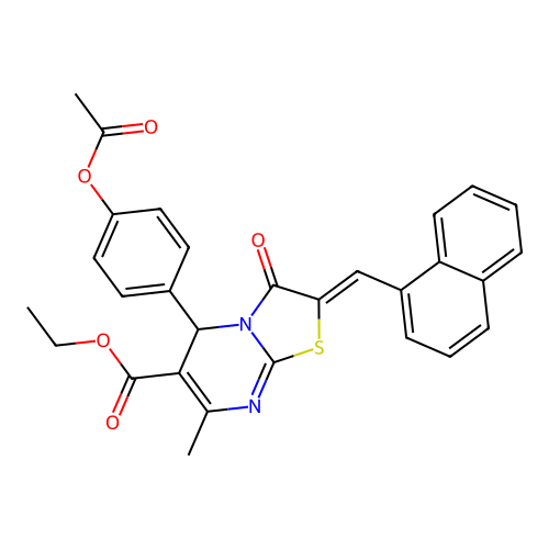 ethyl (2Z)-5-[4-(acetyloxy)phenyl]-7-methyl-2-(naphthalen-1-ylmethylidene)-3-oxo-2,3-dihydro-5H-[1,3]thiazolo[3,2-a]pyrimidine-6-carboxylate structure