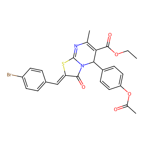 ethyl (2Z)-5-[4-(acetyloxy)phenyl]-2-(4-bromobenzylidene)-7-methyl-3-oxo-2,3-dihydro-5H-[1,3]thiazolo[3,2-a]pyrimidine-6-carboxylate structure