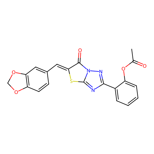(Z)-2-(5-(benzo[d][1,3]dioxol-5-ylmethylene)-6-oxo-5,6-dihydrothiazolo[3,2-b][1,2,4]triazol-2-yl)phenyl acetate structure