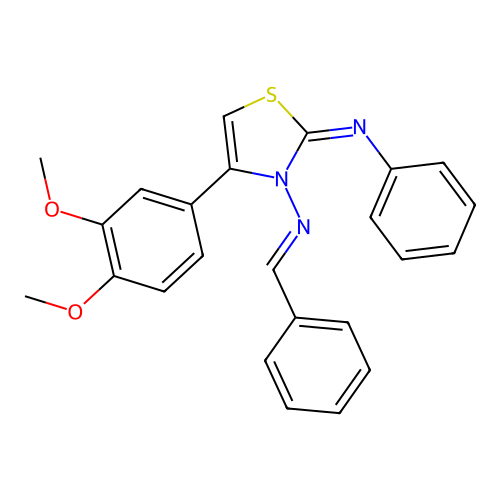 (2Z,NE)-N-benzylidene-4-(3,4-dimethoxyphenyl)-2-(phenylimino)thiazol-3(2H)-amine structure