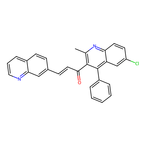 (E)-1-(6-chloro-2-methyl-4-phenylquinolin-3-yl)-3-quinolin-7-ylprop-2-en-1-one structure