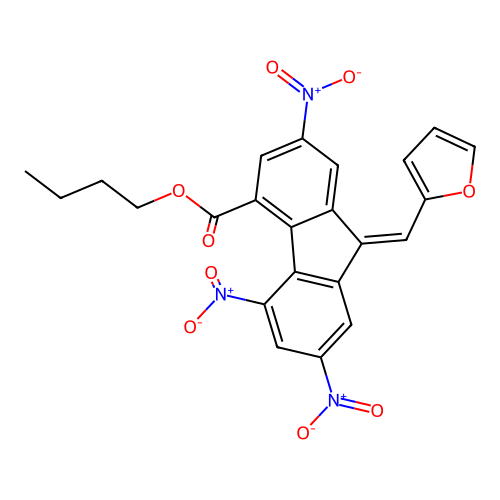 butyl (9E)-9-(furan-2-ylmethylidene)-2,5,7-trinitrofluorene-4-carboxylate structure