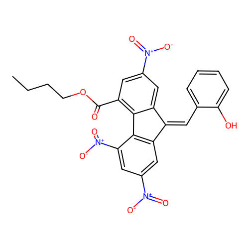 butyl (9E)-9-[(2-hydroxyphenyl)methylidene]-2,5,7-trinitrofluorene-4-carboxylate structure