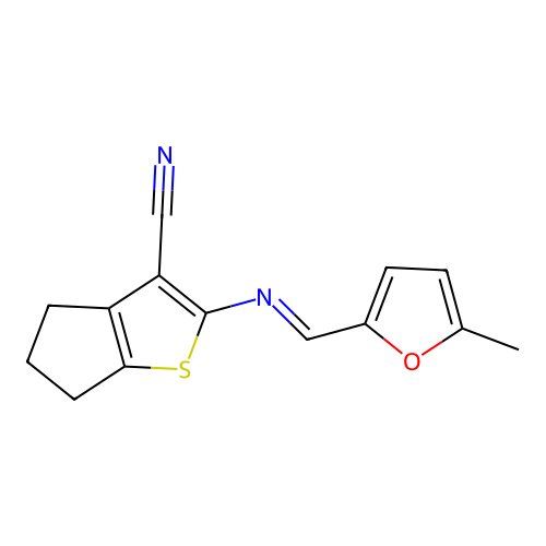 (E)-2-(((5-methylfuran-2-yl)methylene)amino)-5,6-dihydro-4H-cyclopenta[b]thiophene-3-carbonitrile structure
