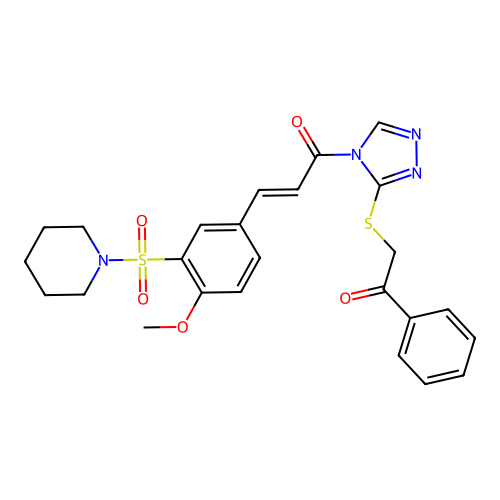 (2E)-3-[4-methoxy-3-(piperidin-1-ylsulfonyl)phenyl]-1-{3-[(2-oxo-2-phenylethyl)sulfanyl]-4H-1,2,4-triazol-4-yl}prop-2-en-1-one structure