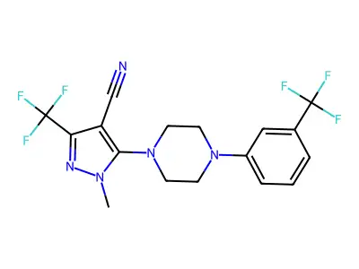 1-methyl-3-(trifluoromethyl)-5-{4-[3-(trifluoromethyl)phenyl]piperazino}-1H-pyrazole-4-carbonitrile structure