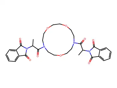 2,2'-((1,4,10-trioxa-7,13-diazacyclopentadecane-7,13-diyl)bis(1-oxopropane-2,1-diyl))bis(isoindoline-1,3-dione) structure