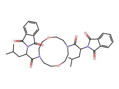 2,2'-((1,7-dioxa-4,10-diazacyclododecane-4,10-diyl)bis(4-methyl-1-oxopentane-2,1-diyl))bis(isoindoline-1,3-dione) structure