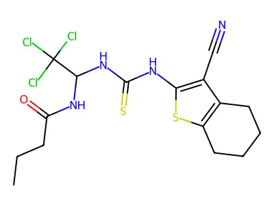 N-(2,2,2-trichloro-1-{[(3-cyano-4,5,6,7-tetrahydro-1-benzothiophen-2-yl)carbamothioyl]amino}ethyl)butanamide structure