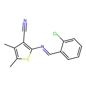 2-[(Z)-[(2-chlorophenyl)methylidene]amino]-4,5-dimethylthiophene-3-carbonitrile structure