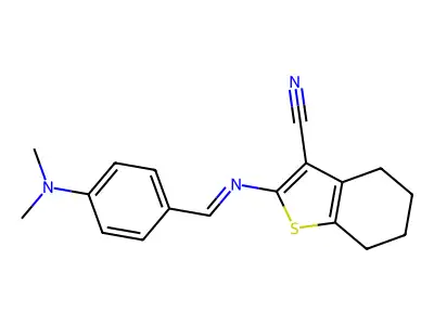 2-[(4-dimethylaminophenyl)methylideneamino]-4,5,6,7-tetrahydro-1-benzothiophene-3-carbonitrile structure