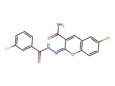 (E)-6-chloro-2-(2-(3-fluorobenzoyl)hydrazono)-2H-chromene-3-carboxamide structure