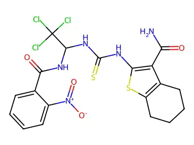 2-[[2,2,2-trichloro-1-[(2-nitrobenzoyl)amino]ethyl]carbamothioylamino]-4,5,6,7-tetrahydro-1-benzothiophene-3-carboxamide structure