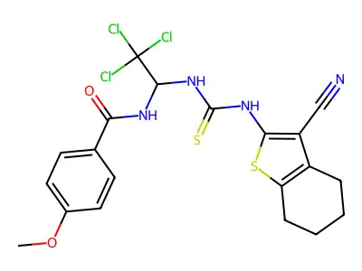 4-methoxy-N-(2,2,2-trichloro-1-{[(3-cyano-4,5,6,7-tetrahydro-1-benzothiophen-2-yl)carbamothioyl]amino}ethyl)benzamide structure