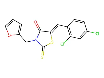 (5Z)-5-(2,4-dichlorobenzylidene)-3-(furan-2-ylmethyl)-2-thioxo-1,3-thiazolidin-4-one structure