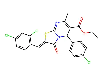 ethyl (2E)-5-(4-chlorophenyl)-2-[(2,4-dichlorophenyl)methylidene]-7-methyl-3-oxo-5H-[1,3]thiazolo[3,2-a]pyrimidine-6-carboxylate structure