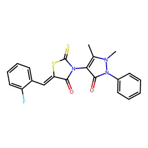 (5Z)-3-(1,5-dimethyl-3-oxo-2-phenyl-2,3-dihydro-1H-pyrazol-4-yl)-5-(2-fluorobenzylidene)-2-thioxo-1,3-thiazolidin-4-one structure