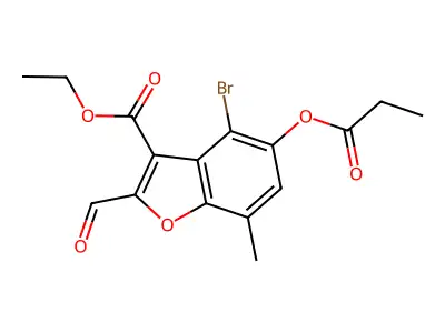 Ethyl 4-bromo-2-formyl-7-methyl-5-(propionyloxy)benzofuran-3-carboxylate structure