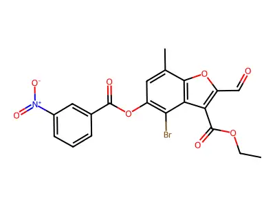 Ethyl 4-bromo-2-formyl-7-methyl-5-((3-nitrobenzoyl)oxy)benzofuran-3-carboxylate structure