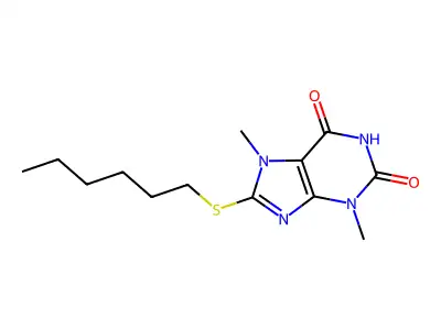 8-(hexylthio)-3,7-dimethyl-1H-purine-2,6(3H,7H)-dione structure