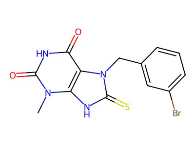 7-(3-bromobenzyl)-8-mercapto-3-methyl-1H-purine-2,6(3H,7H)-dione structure