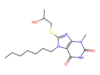 7-heptyl-8-((2-hydroxypropyl)thio)-3-methyl-1H-purine-2,6(3H,7H)-dione structure
