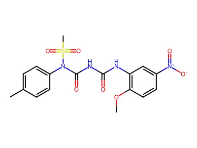N-(((2-methoxy-5-nitrophenyl)carbamoyl)carbamoyl)-N-(p-tolyl)methanesulfonamide structure