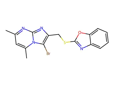 2-[(3-Bromo-5,7-dimethyl-2-imidazo[1,2-a]pyrimidinyl)methylthio]-1,3-benzoxazole structure