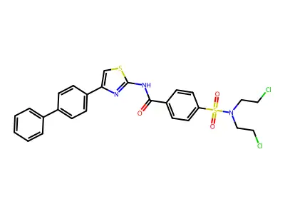 4-[bis(2-chloroethyl)sulfamoyl]-N-[4-(4-phenylphenyl)-1,3-thiazol-2-yl]benzamide structure