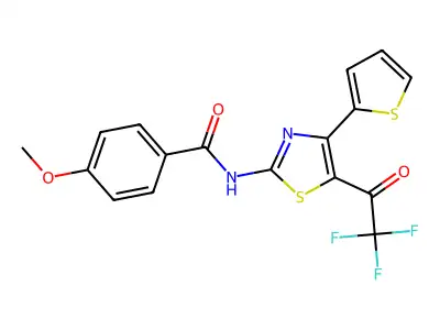 4-methoxy-N-(4-(thiophen-2-yl)-5-(2,2,2-trifluoroacetyl)thiazol-2-yl)benzamide structure