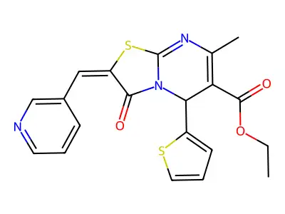 (E)-ethyl 7-methyl-3-oxo-2-(pyridin-3-ylmethylene)-5-(thiophen-2-yl)-3,5-dihydro-2H-thiazolo[3,2-a]pyrimidine-6-carboxylate structure