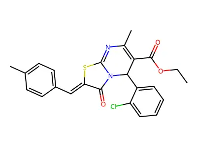 ethyl 5-(2-chlorophenyl)-7-methyl-2-[(4-methylphenyl)methylene]-3-oxo-4,5-dihy dro-1,3-thiazolidino[3,2-a]pyrimidine-6-carboxylate structure