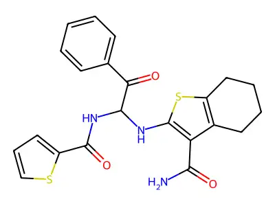 2-({2-oxo-2-phenyl-1-[(2-thienylcarbonyl)amino]ethyl}amino)-4,5,6,7-tetrahydro-1-benzothiophene-3-carboxamide structure