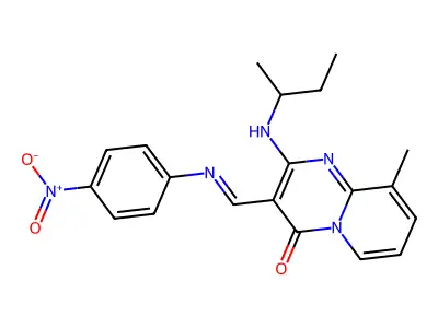 (E)-2-(sec-butylamino)-9-methyl-3-(((4-nitrophenyl)imino)methyl)-4H-pyrido[1,2-a]pyrimidin-4-one structure