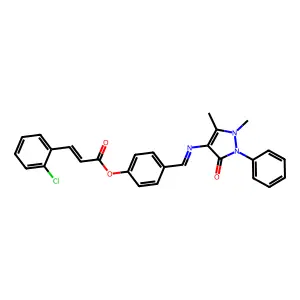 4-{(E)-[(1,5-dimethyl-3-oxo-2-phenyl-2,3-dihydro-1H-pyrazol-4-yl)imino]methyl}phenyl (2E)-3-(2-chlorophenyl)-2-propenoate structure