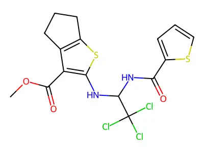 methyl 2-({2,2,2-trichloro-1-[(thiophen-2-ylcarbonyl)amino]ethyl}amino)-5,6-dihydro-4H-cyclopenta[b]thiophene-3-carboxylate structure