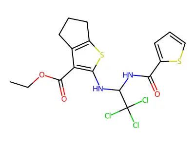 ethyl 2-({2,2,2-trichloro-1-[(thiophen-2-ylcarbonyl)amino]ethyl}amino)-5,6-dihydro-4H-cyclopenta[b]thiophene-3-carboxylate structure