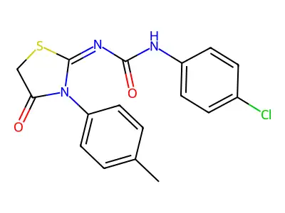(E)-2-[3-(p-chlorophenyl)ureidoidene]-3-(p-tolyl)-1,3-thiazolidin-4-one structure