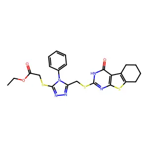 ethyl 2-[[5-[(4-oxo-5,6,7,8-tetrahydro-3H-[1]benzothiolo[2,3-d]pyrimidin-2-yl)sulfanylmethyl]-4-phenyl-1,2,4-triazol-3-yl]sulfanyl]acetate structure