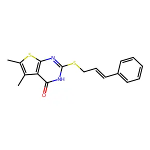 2-(cinnamylthio)-5,6-dimethylthieno[2,3-d]pyrimidin-4(3H)-one structure