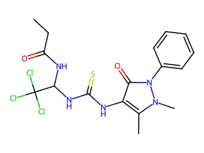 N-{2,2,2-Trichloro-1-[3-(1,5-dimethyl-3-oxo-2-phenyl-2,3-dihydro-1H-pyrazol-4-yl)-thioureido]-ethyl}-propionamide structure