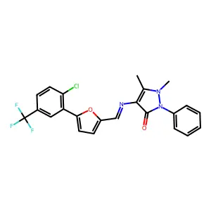 4-{[(E)-{5-[2-chloro-5-(trifluoromethyl)phenyl]furan-2-yl}methylidene]amino}-1,5-dimethyl-2-phenyl-1,2-dihydro-3H-pyrazol-3-one structure